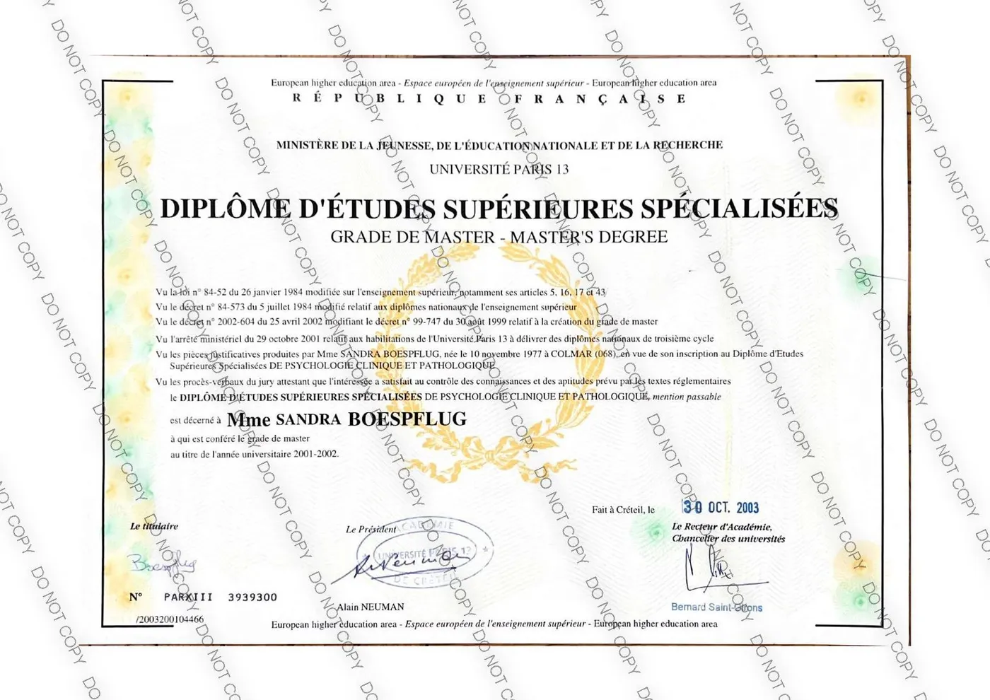Diplôme de Master 2 (D.E.S.S.) en psychologie clinique et pathologique de Sandra Boespflug-Rebibo