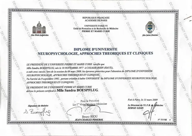 Diplôme universitaire de neuropsychologie de Sandra Boespflug-Rebibo