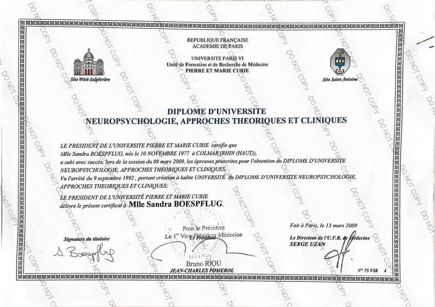 Diplôme universitaire de neuropsychologie de Sandra Boespflug-Rebibo