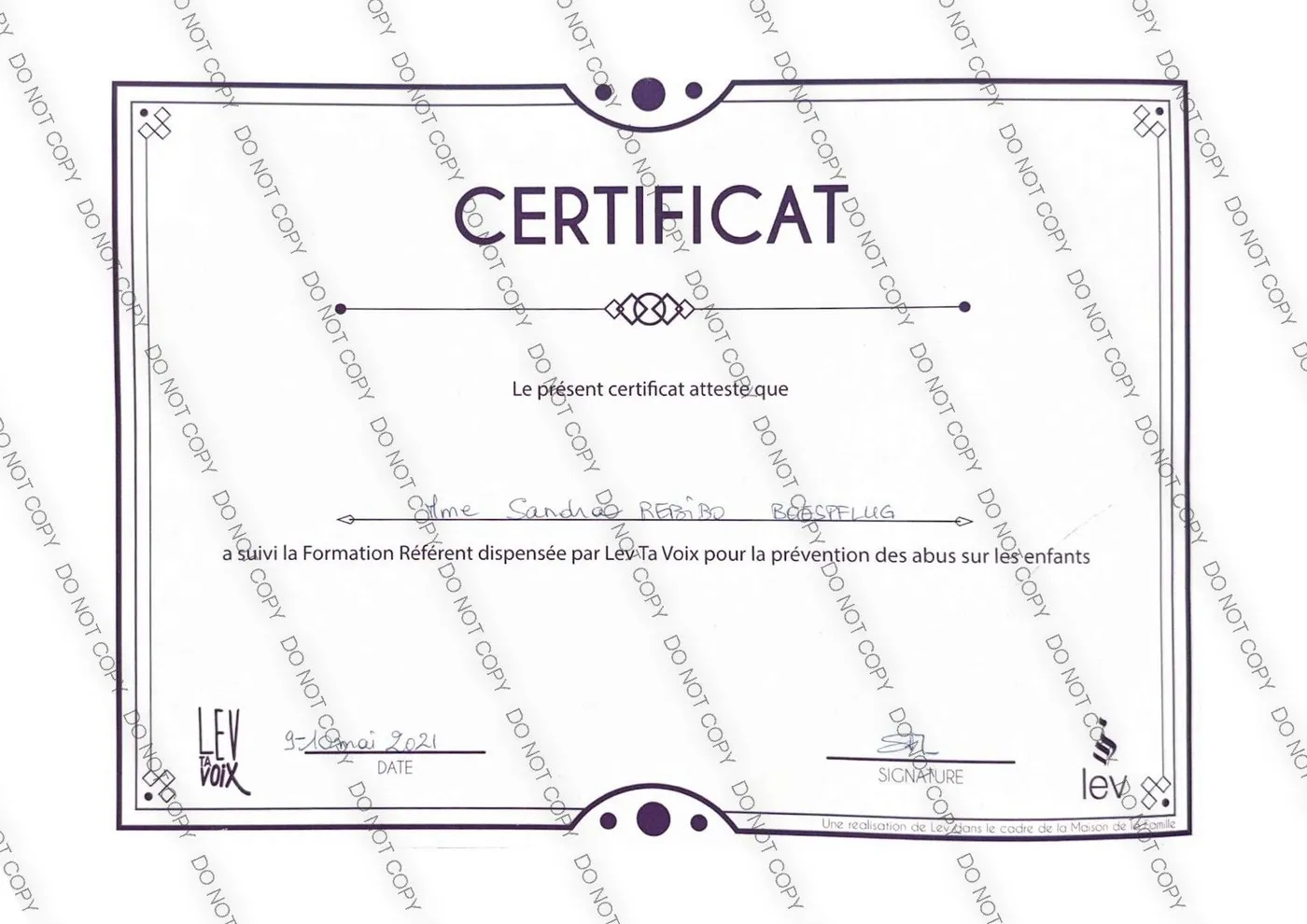 Attestation de formation à la prévention des abus sur les enfants de Sandra Boespflug-Rebibo