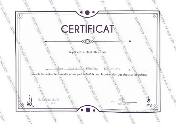 Attestation de formation à la prévention des abus sur les enfants de Sandra Boespflug-Rebibo